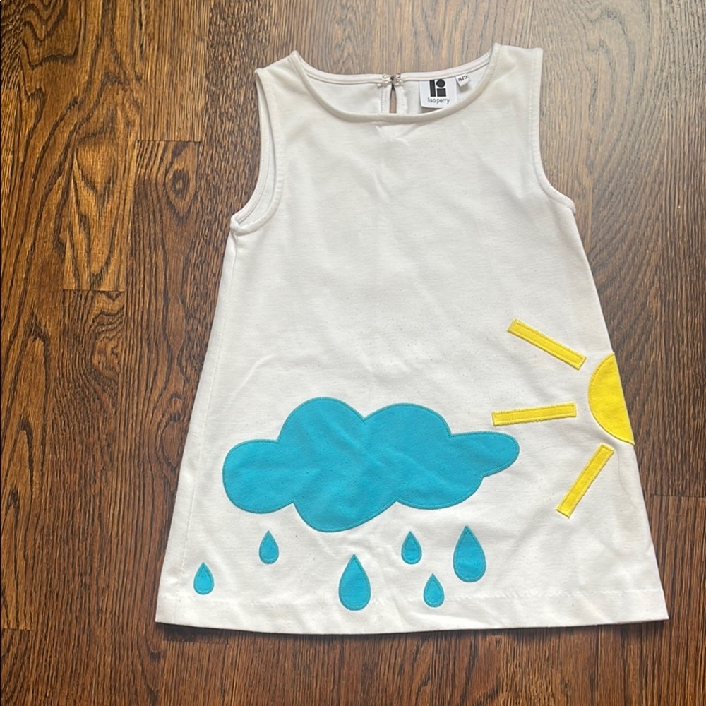 Lisa Perry White Kids Tank Dress with Blue Cloud & Yellow Sun
